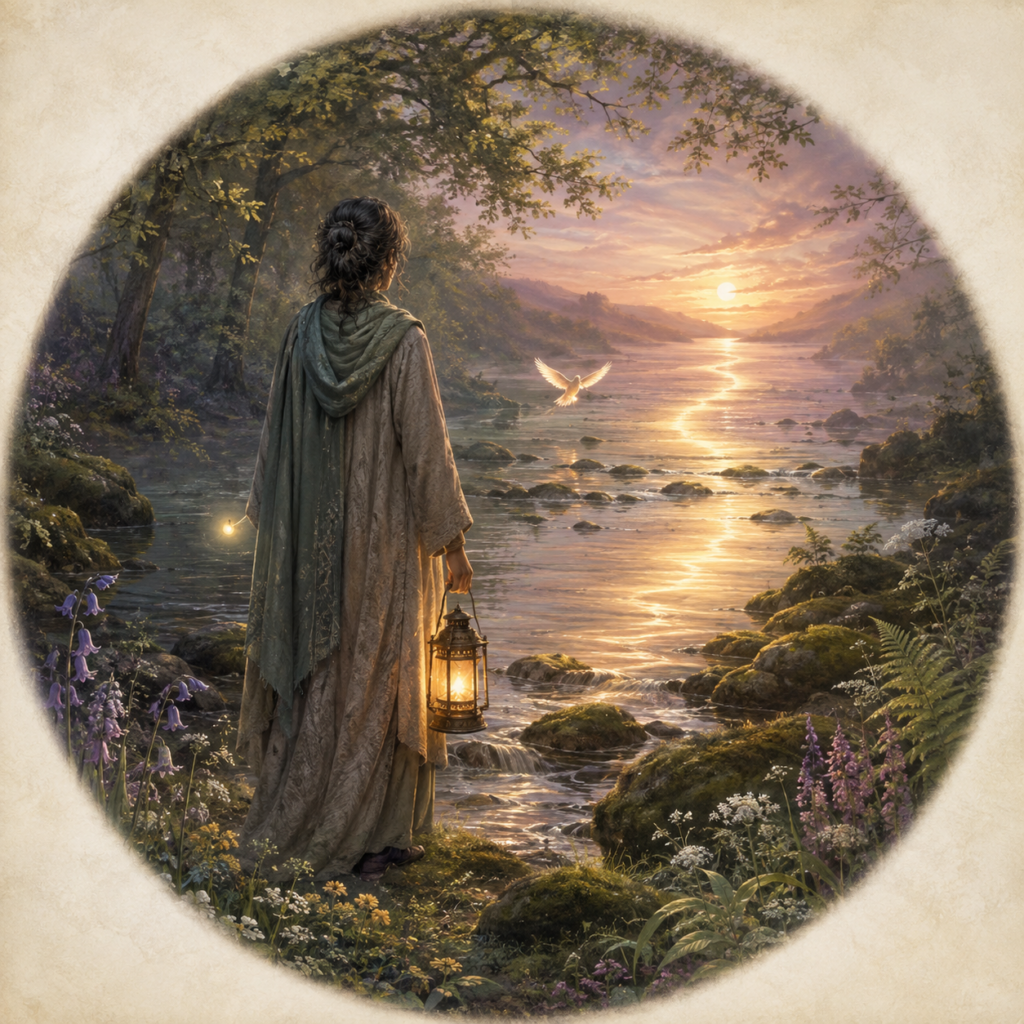 Image of a lady walking into the sunset carrying a lamp