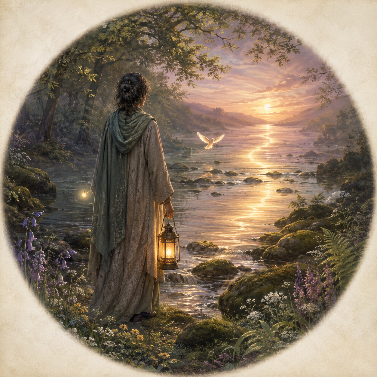Image of a lady walking into the sunset carrying a lamp
