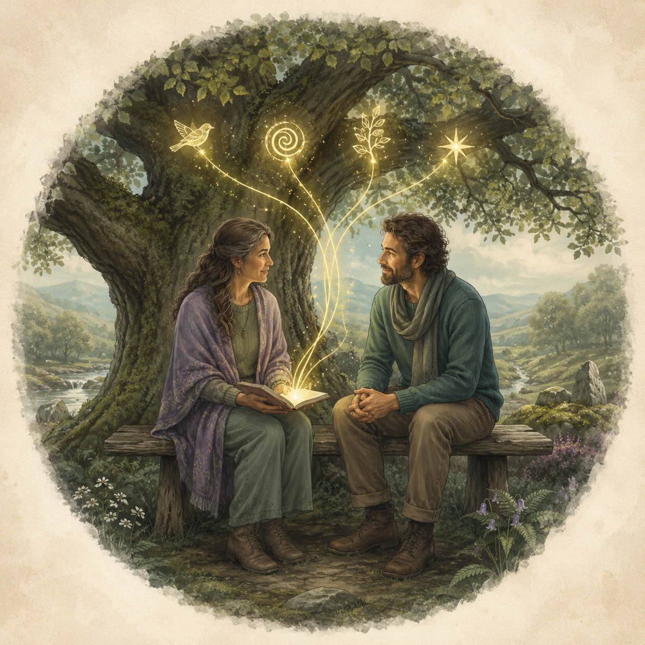 A man and a woman sitting under a tree discussing the contents of a book that she holds in her hands