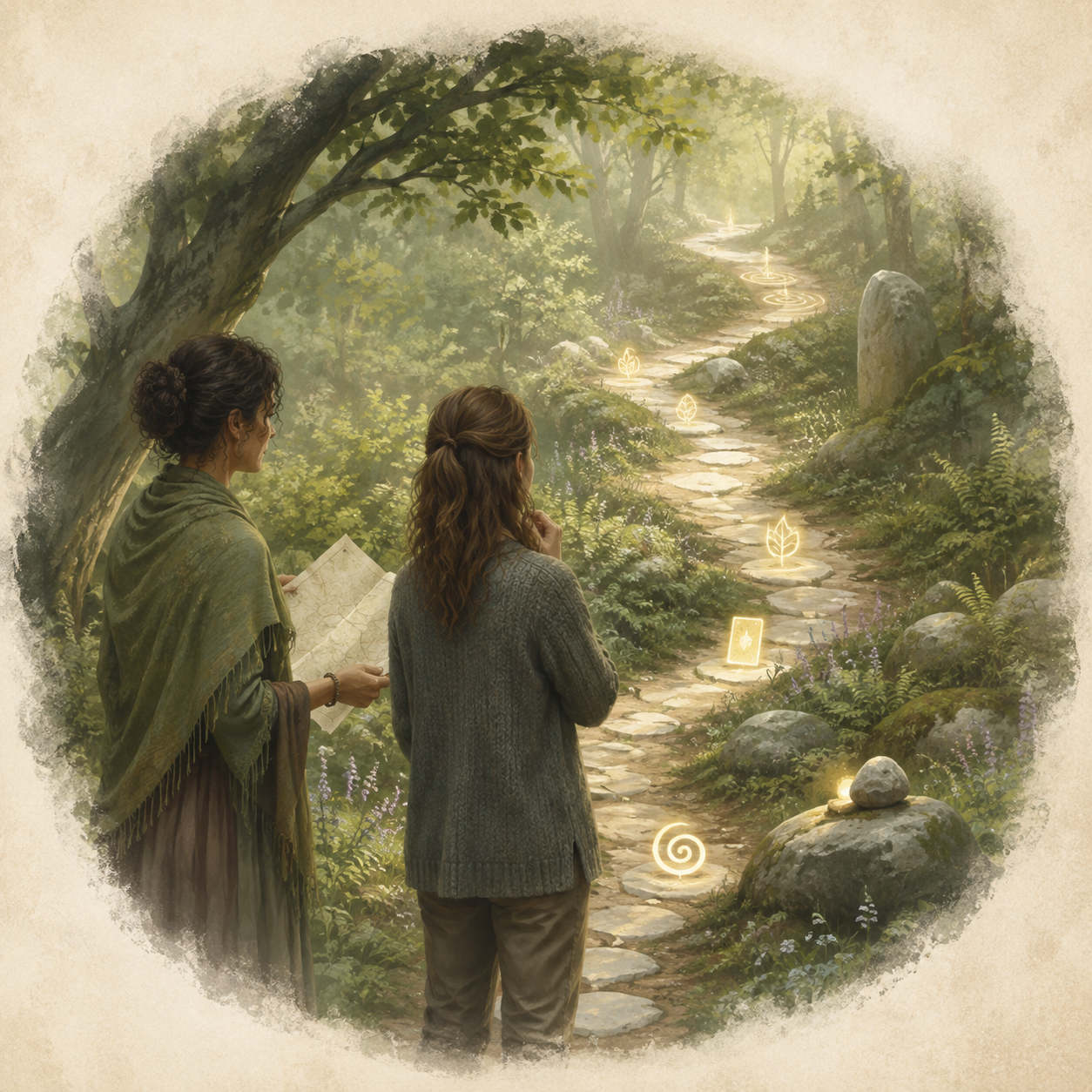 Two women look along a pathway that is marked with goals. Healing and learning and wellness goals