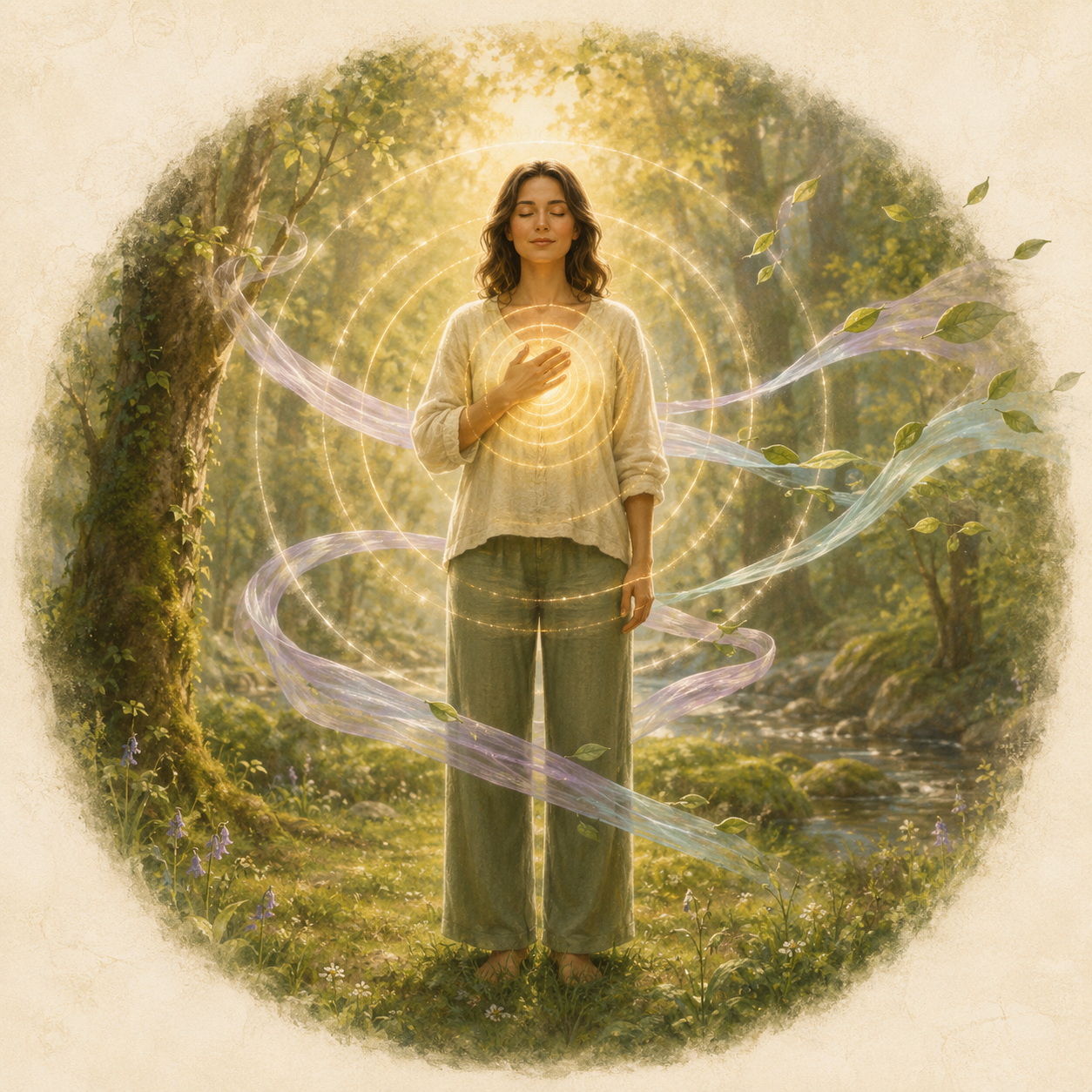 Image of a woman standing in nature releasing ties and cords from her energy