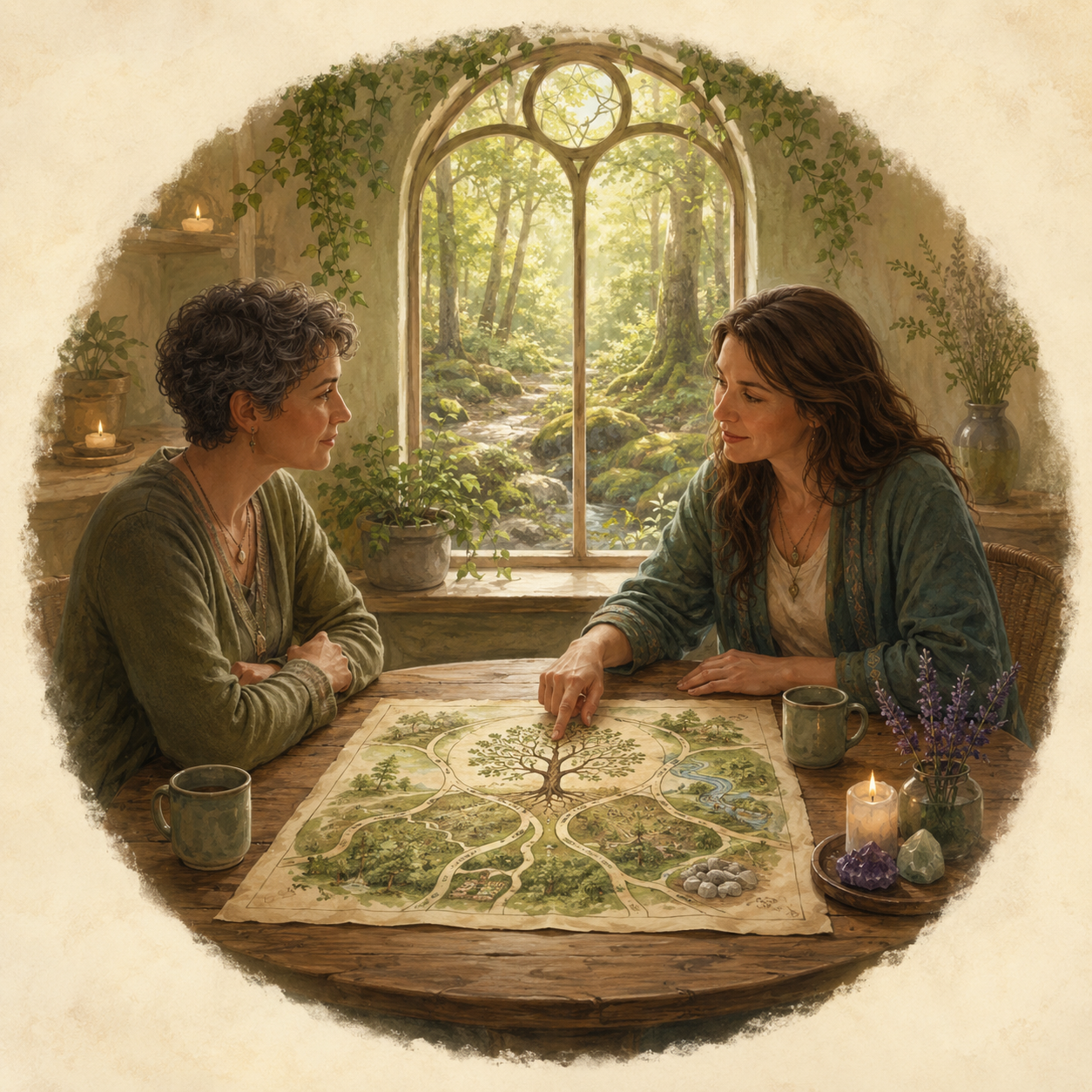 Image of two women sitting together at a table. One of the women is pointing at a map that is on the table between them.
