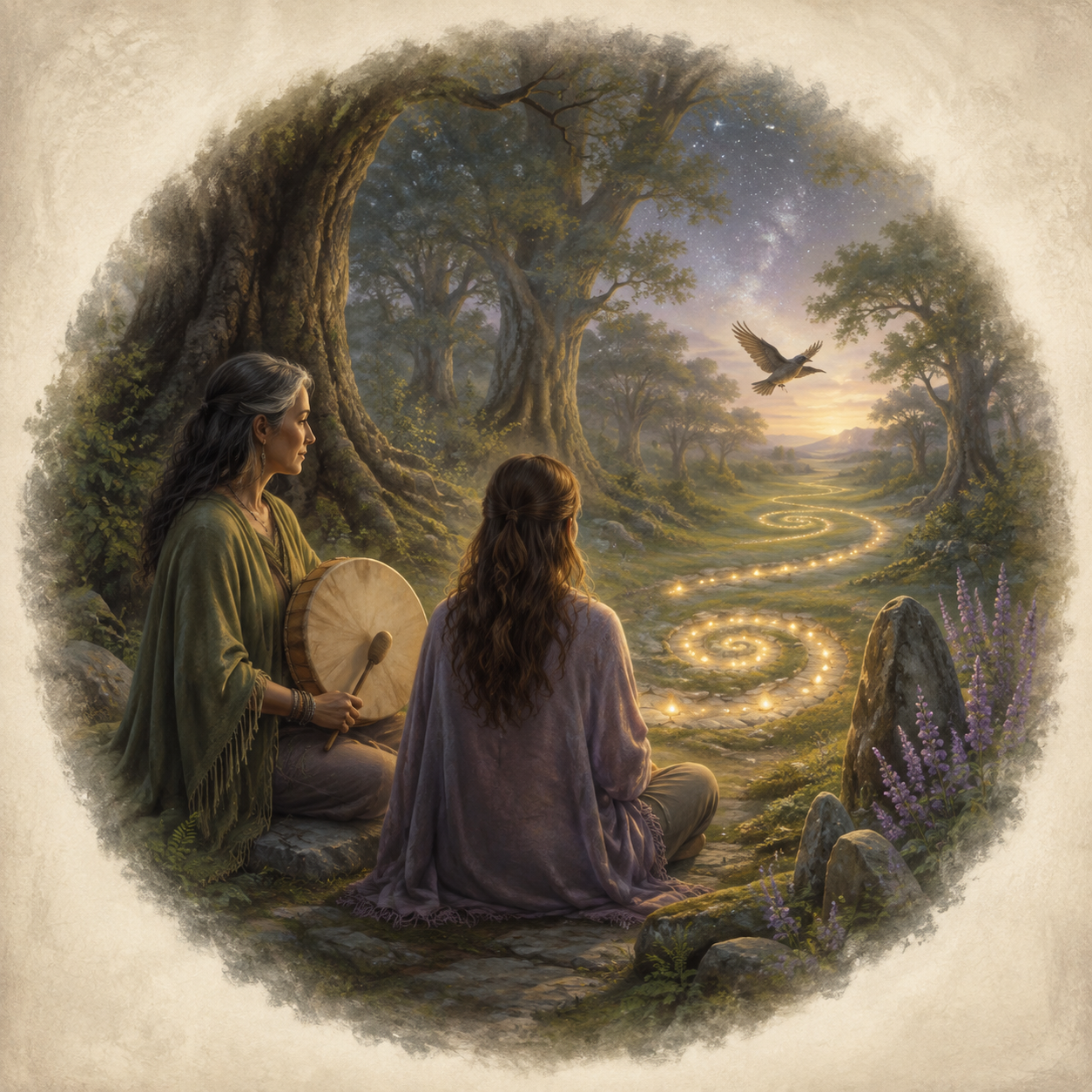 Image of people drumming and going on a guided shamanic journey