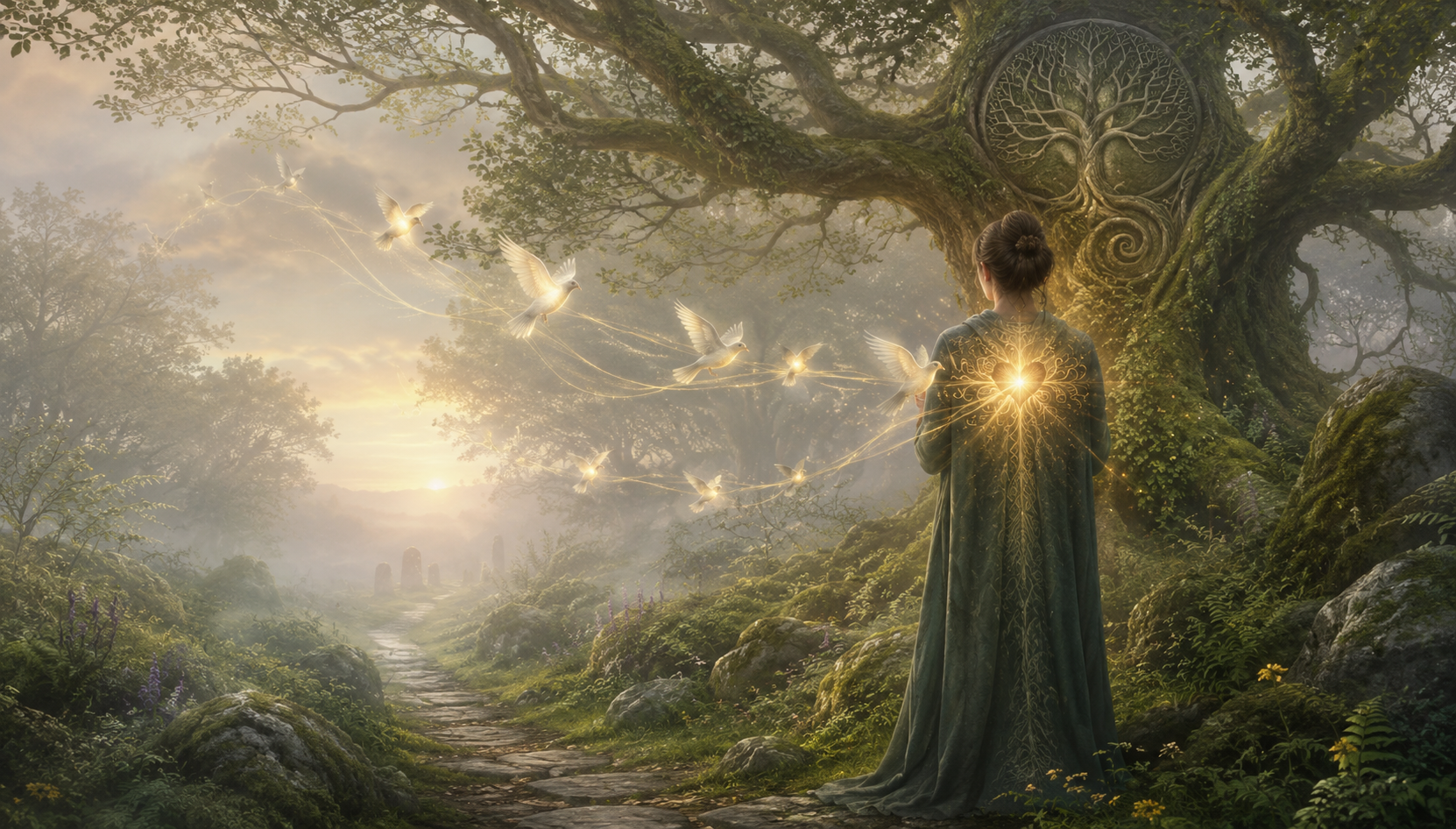 Image of woman receiving soul pieces back in the form of spirit birds