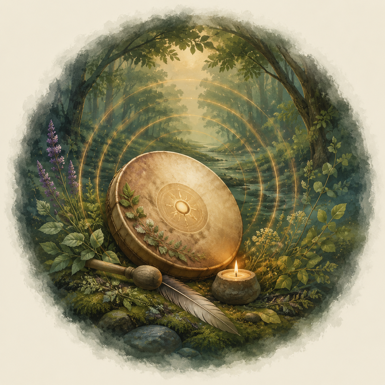 Shamanic healing thumbnail with a drum, rattle, feather and a candle