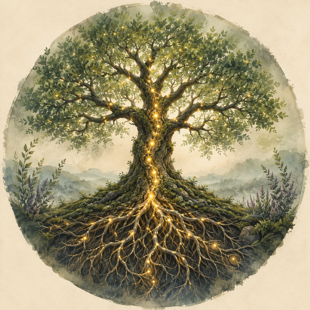 Ancestral healing thumbnail image of an ancient tree with golden threads running from the roots up to the leaves