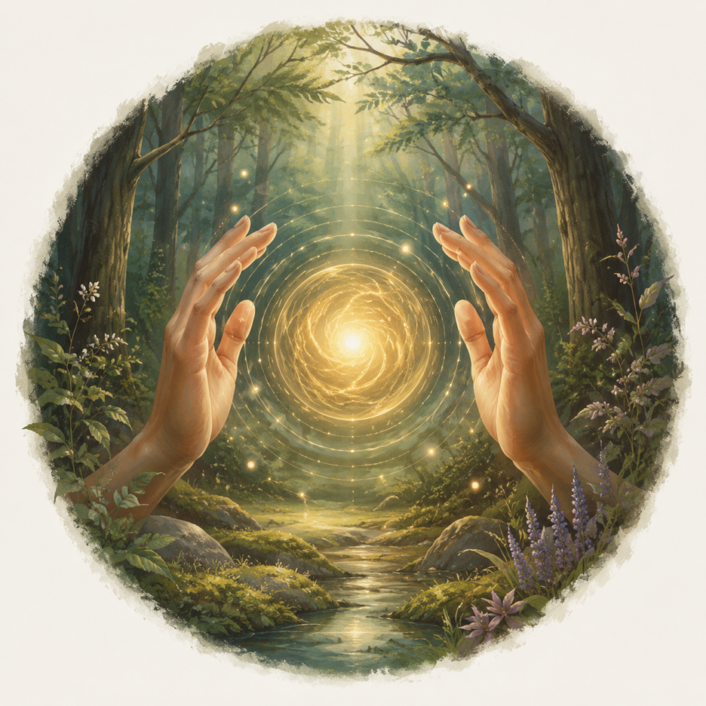 Image of two hands holding a ball of golden energy