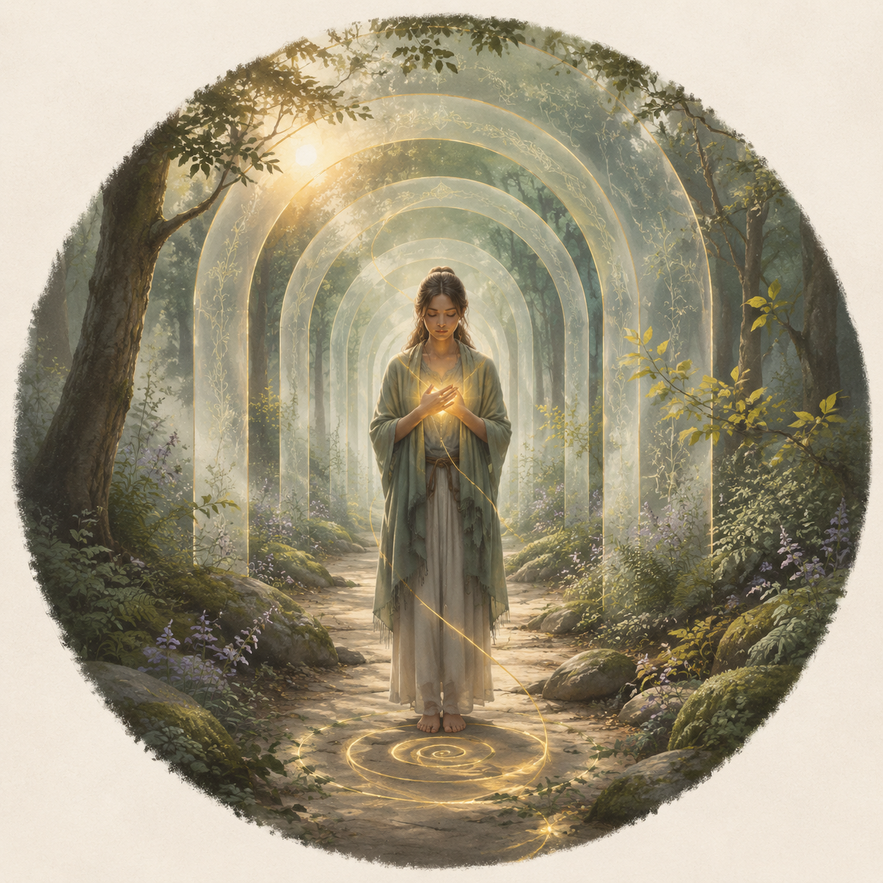 Past lives healing thumbnail. Image of a woman walking through a series of archways carrying golden energy