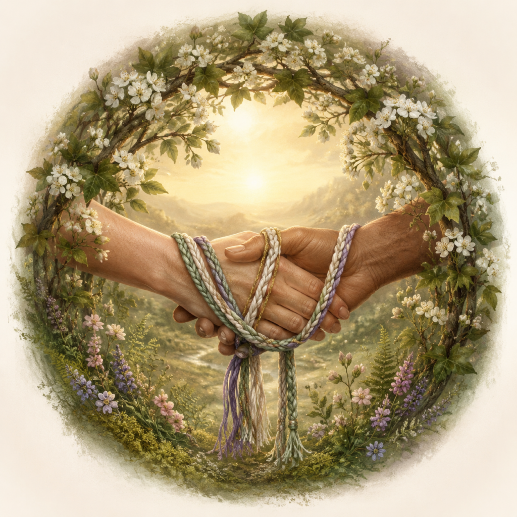 Two hands joined with a handfasting rope wrapped around them