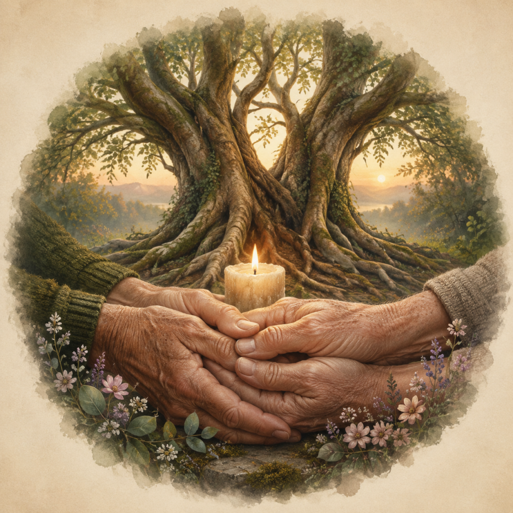 Image of many hands clasping a lighting candle