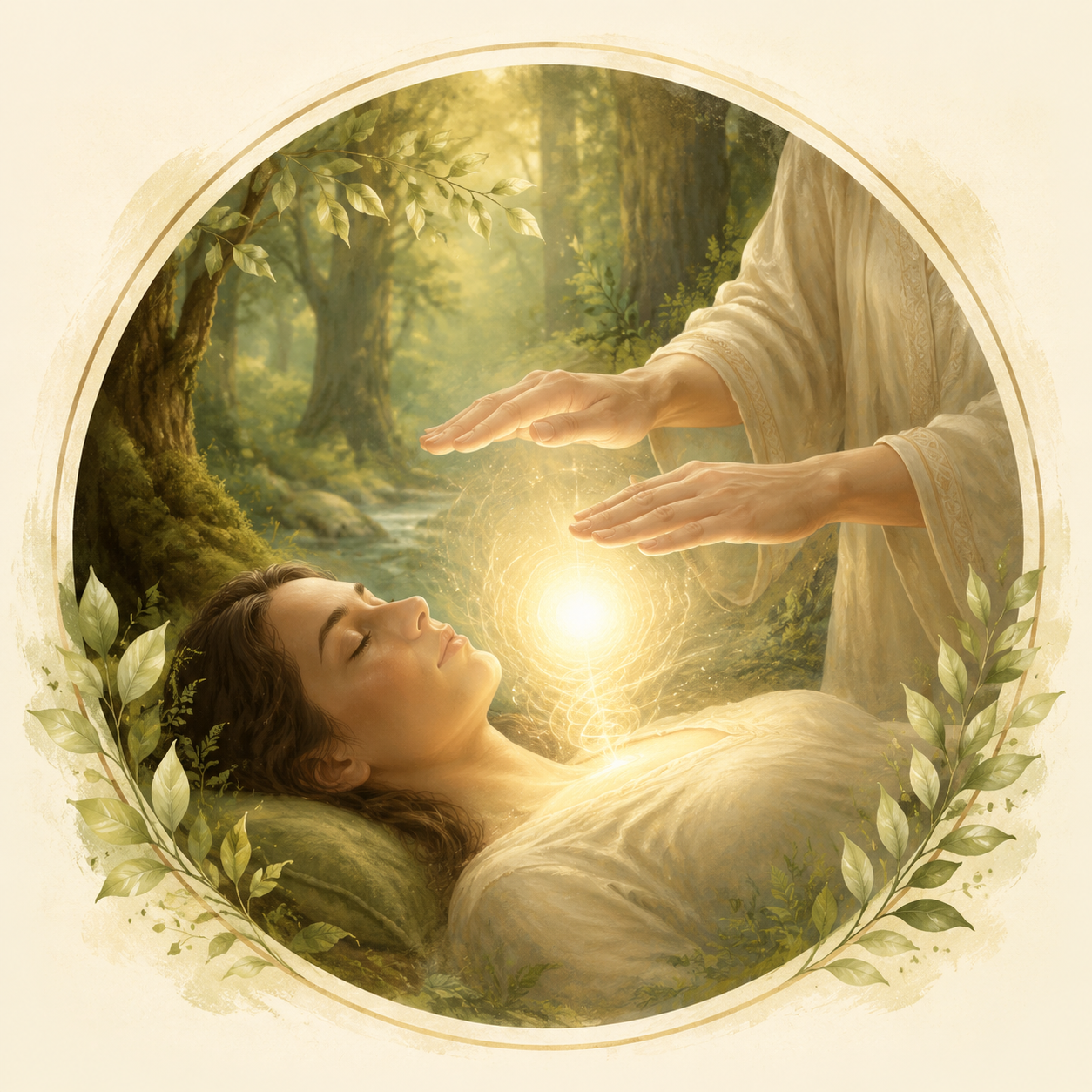 Image of hands directing golden energy into a person