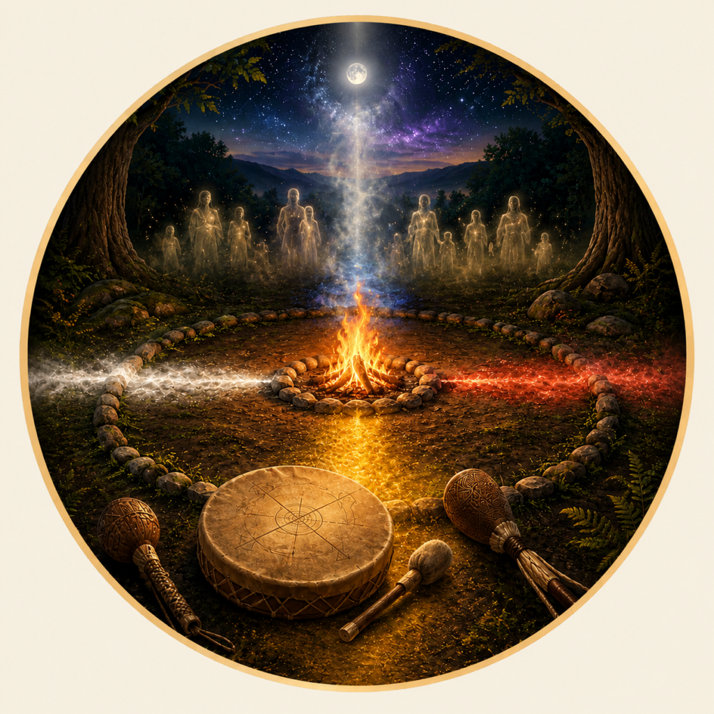 Thumbnail image, bringing together the rattles, drum, sacred fire, four directions, loving ancestors and the light of Spirit.