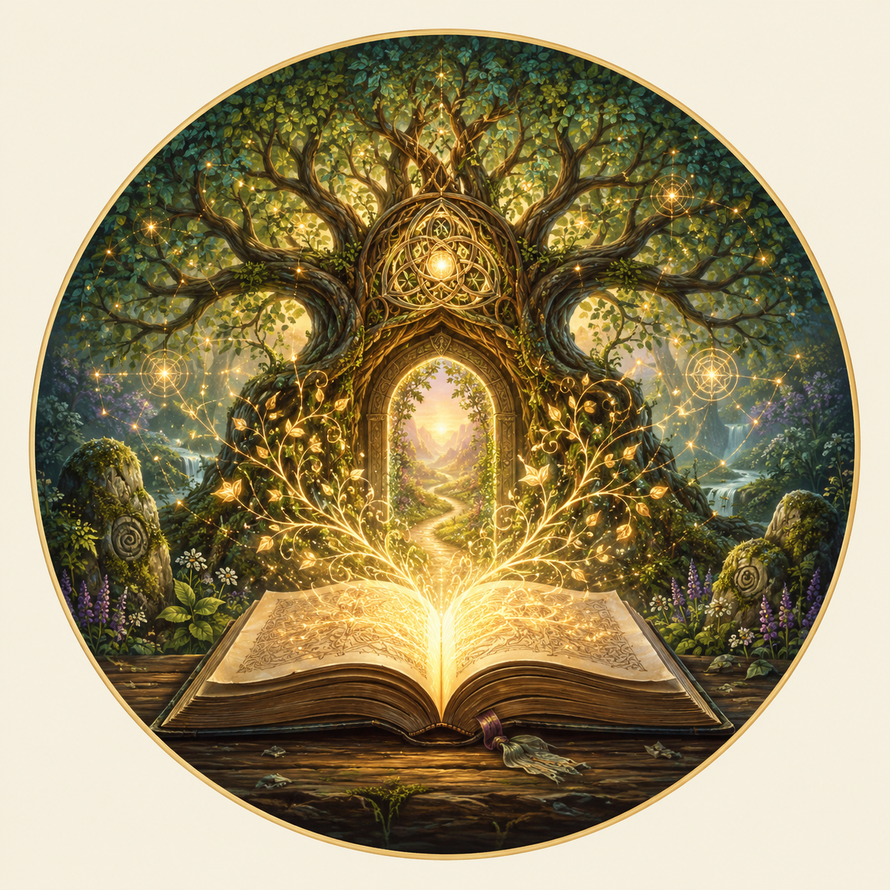Very ornate image of an old ornate tree with a book at its roots. There is a door in the tree and energy from the book is going through to a mountain path beyond