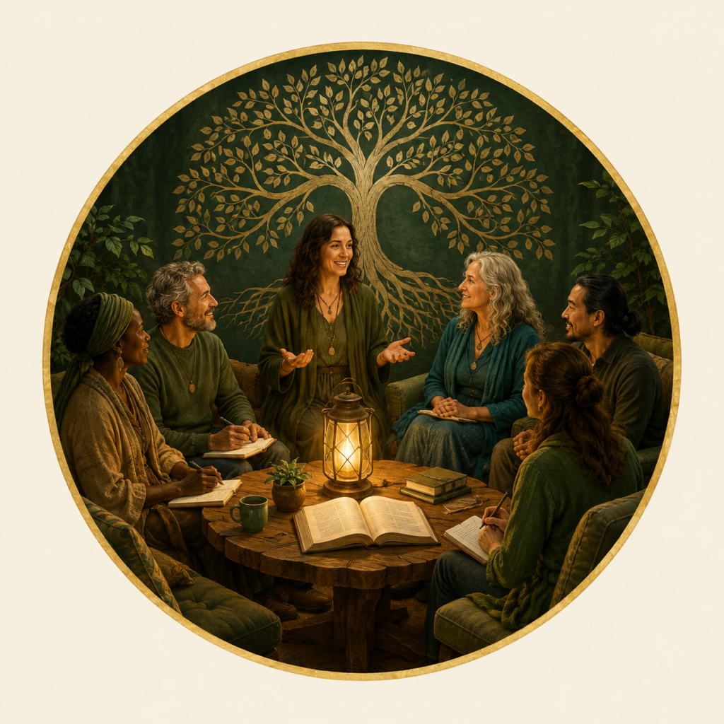 Image of a circle of people listening to a teacher
