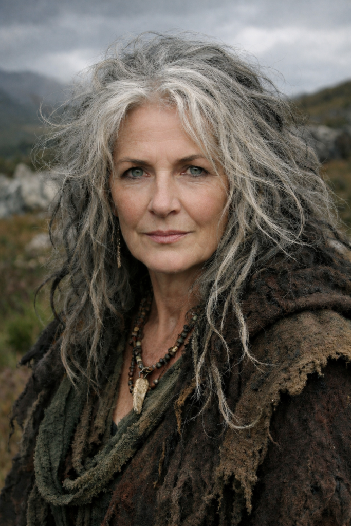 Photo of a middle aged grey haired woman, wearing natural fabrics coloured brown.