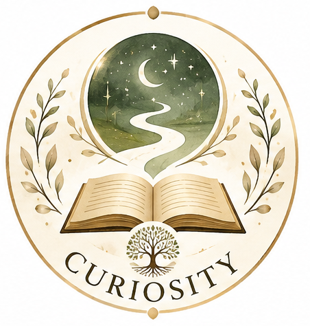 Image of a book and a pathway with the word curiosity written underneath